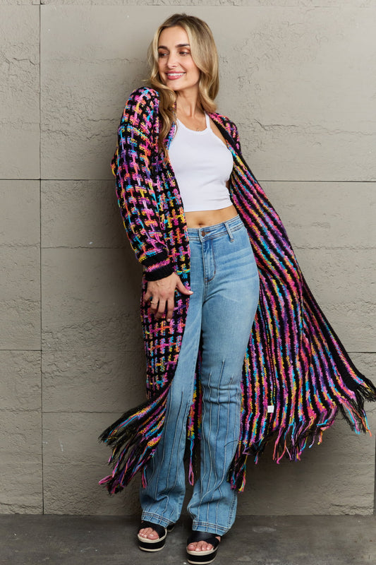 Angel Wings Full Size Multicolored Open Front Fringe Hem Cardigan - WAZKA