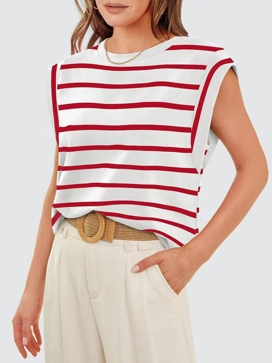 Striped Round Neck Cap Sleeve T-Shirt - WAZKA