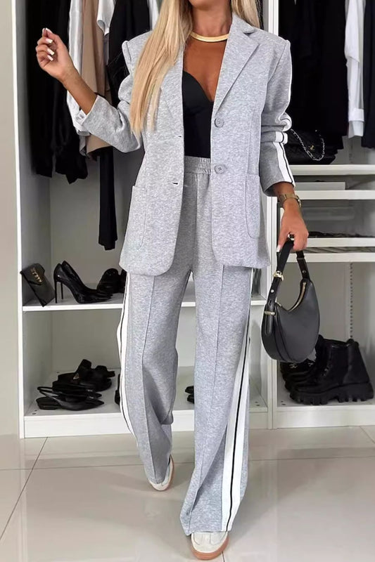 Full Size Contrast Lapel Collar Top and Pants Set - WAZKA