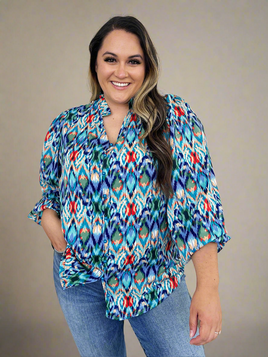 Double Take Full Size Printed Balloon Sleeve Blouse - WAZKA