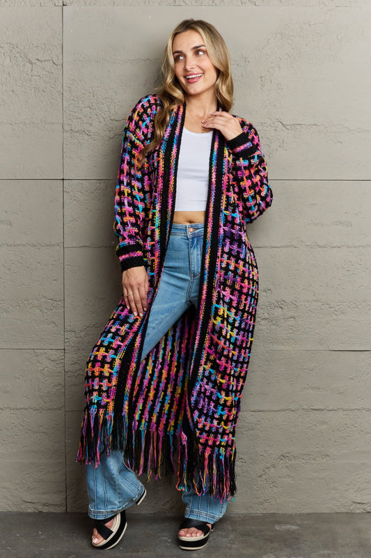 Angel Wings Full Size Multicolored Open Front Fringe Hem Cardigan - WAZKA