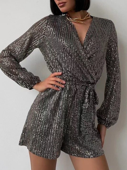 Full Size Sequin Surplice Tie Waist Long Sleeve Romper - WAZKA