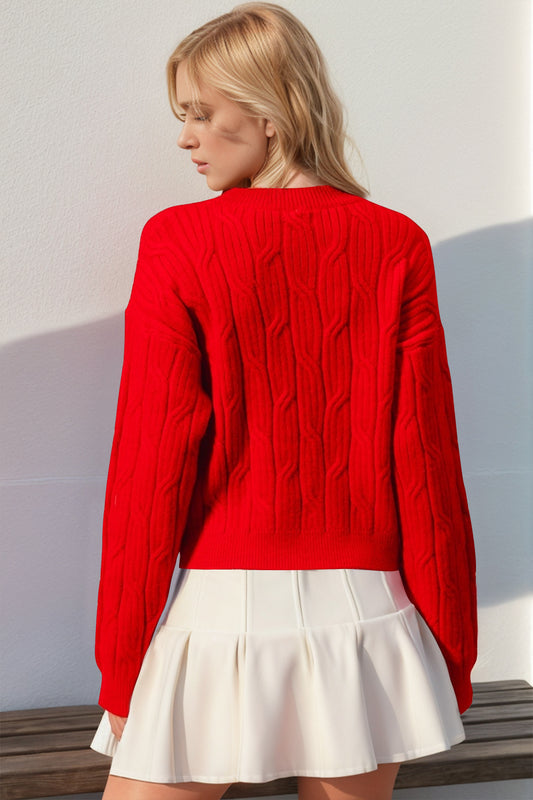 Double Take Full Size Bow Cable-Knit Round Neck Sweater - WAZKA