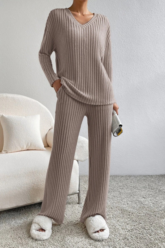 Ribbed V-Neck Top and Pants Set - WAZKA