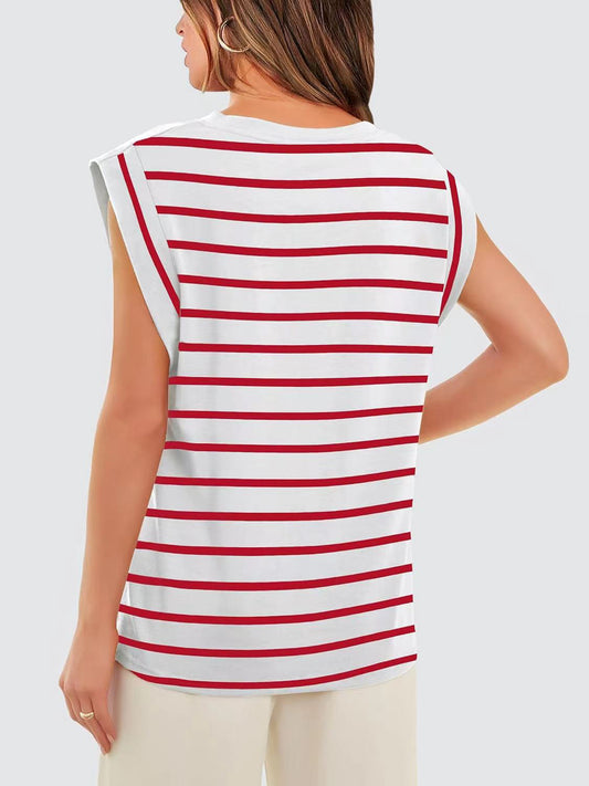 Striped Round Neck Cap Sleeve T-Shirt - WAZKA