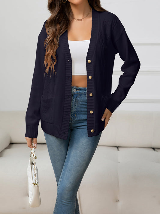 V-Neck Long Sleeve Buttoned Knit Top with Pocket - WAZKA