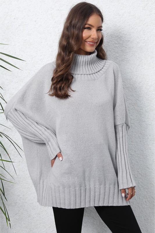 Turtle Neck Long Sleeve Ribbed Sweater - WAZKA