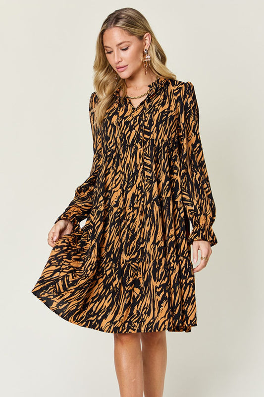 Double Take Full Size Printed Ruffle Hem Long Sleeve Dress - WAZKA