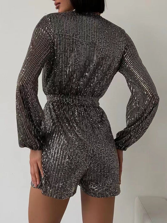 Full Size Sequin Surplice Tie Waist Long Sleeve Romper - WAZKA