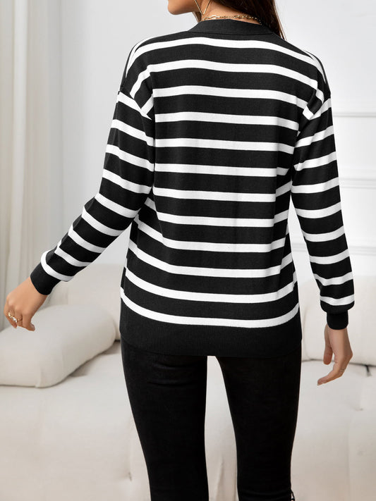 Striped Dropped Shoulder V-Neck Knit Top - WAZKA