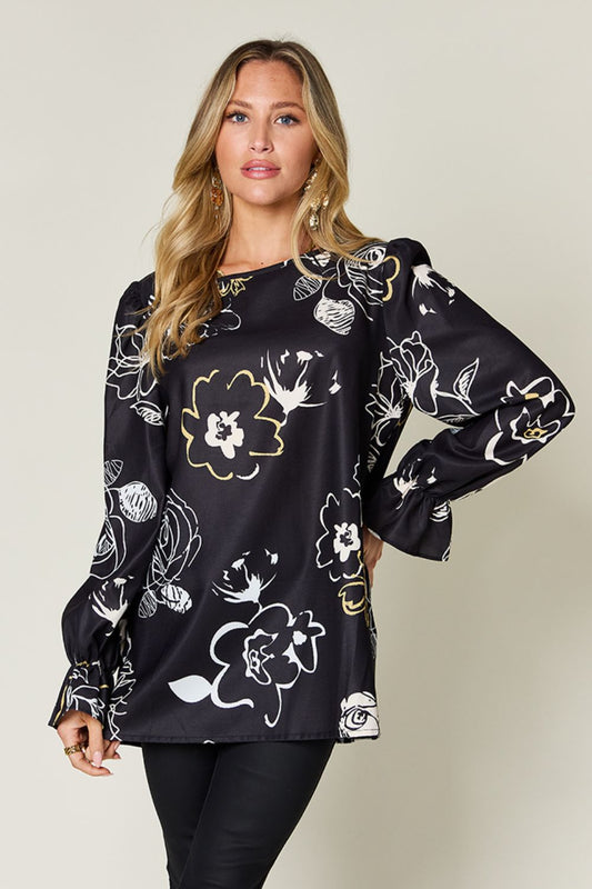 Double Take Full Size Printed Flounce Sleeve Blouse - WAZKA