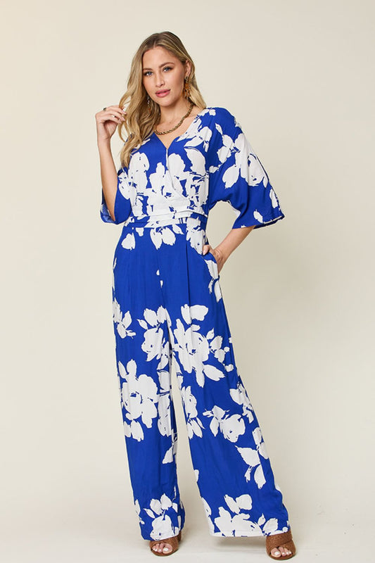 Double Take Full Size Printed Tie Back Wide Leg Jumpsuit - WAZKA