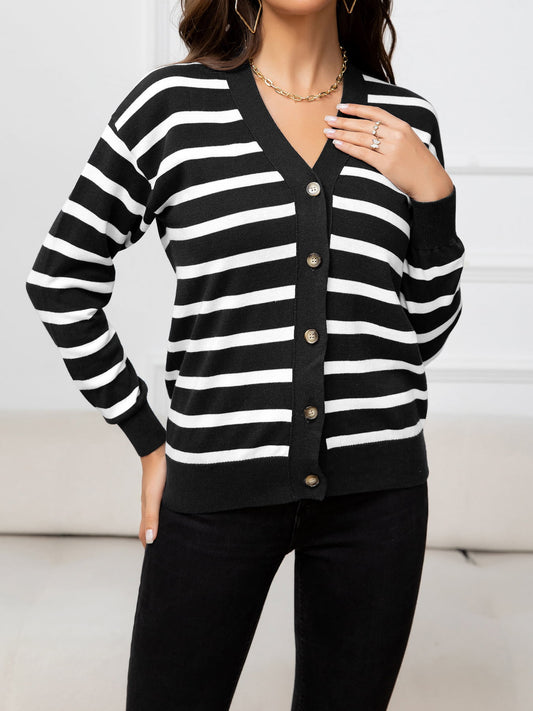 Striped Dropped Shoulder V-Neck Knit Top - WAZKA