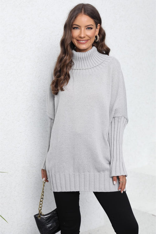 Turtle Neck Long Sleeve Ribbed Sweater - WAZKA
