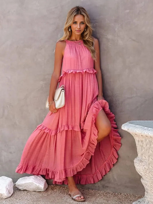 Ruffled Sleeveless Tiered Maxi Dress with Pockets - WAZKA