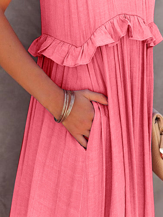 Ruffled Sleeveless Tiered Maxi Dress with Pockets - WAZKA