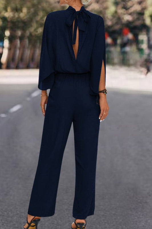 Tie Back Mock Neck Split Sleeve Jumpsuit - WAZKA