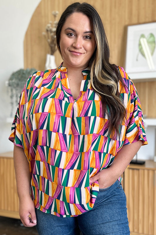 Double Take Full Size Geometric Notched Dolman Sleeve Top - WAZKA