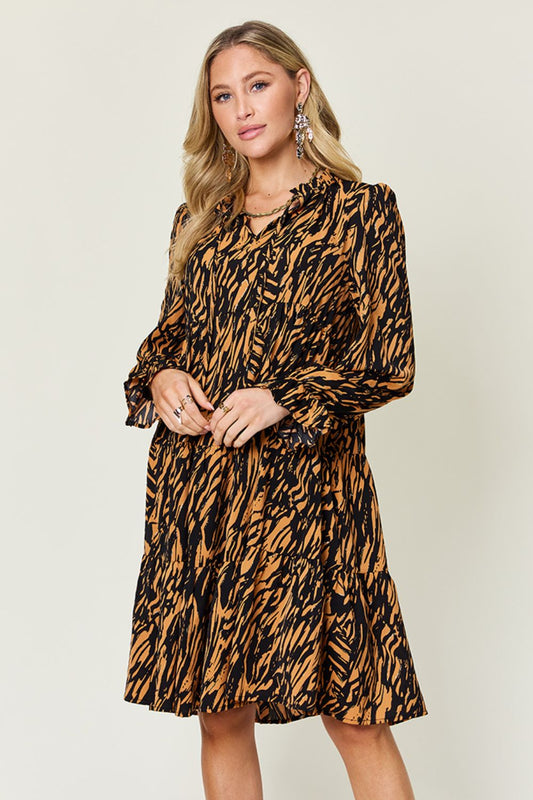 Double Take Full Size Printed Ruffle Hem Long Sleeve Dress - WAZKA