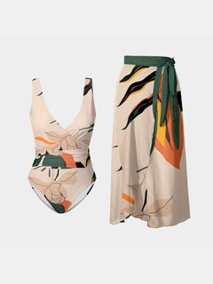 FAM-FAM Printed Surplice Wide Strap Swimwear and Skirt Swim Set