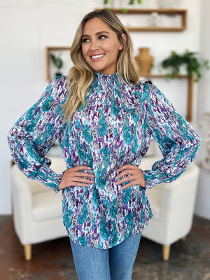 Double Take Full Size Printed Smocked Long Sleeve Blouse