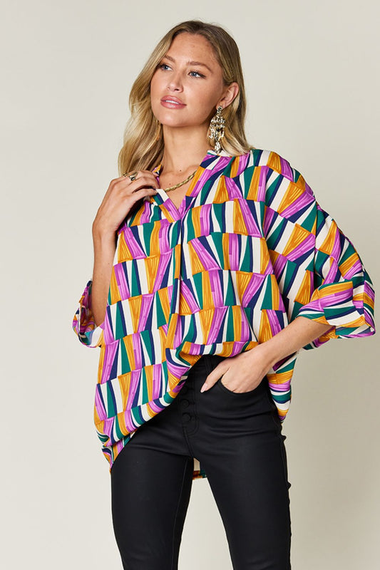 Double Take Full Size Geometric Notched Dolman Sleeve Top - WAZKA