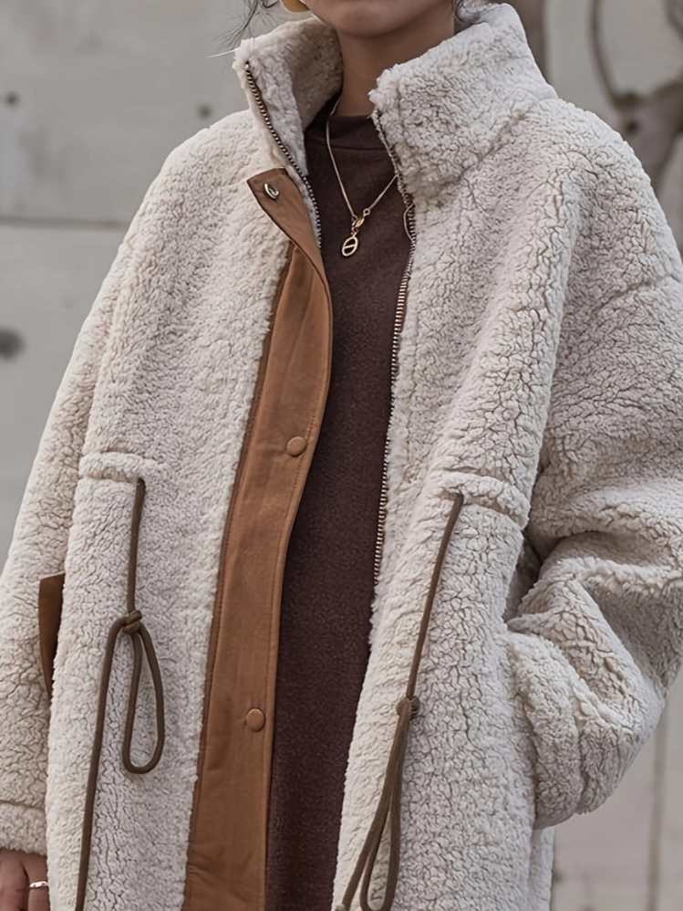 Plus Size Drawstring Zip Up Turtleneck Sherpa Coat