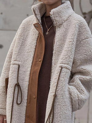 Plus Size Drawstring Zip Up Turtleneck Sherpa Coat