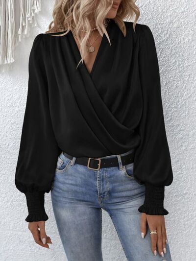 Surplice Smocked Lantern Sleeve Blouse - WAZKA