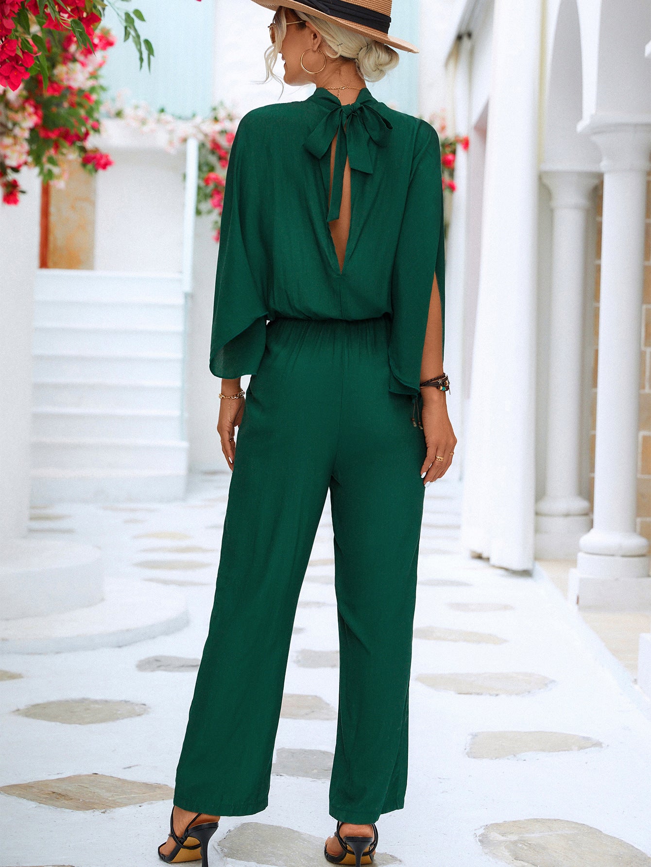 Tie Back Mock Neck Split Sleeve Jumpsuit - WAZKA