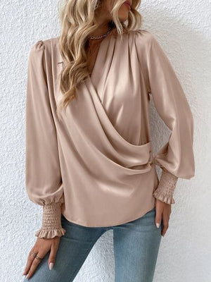 Surplice Smocked Lantern Sleeve Blouse - WAZKA