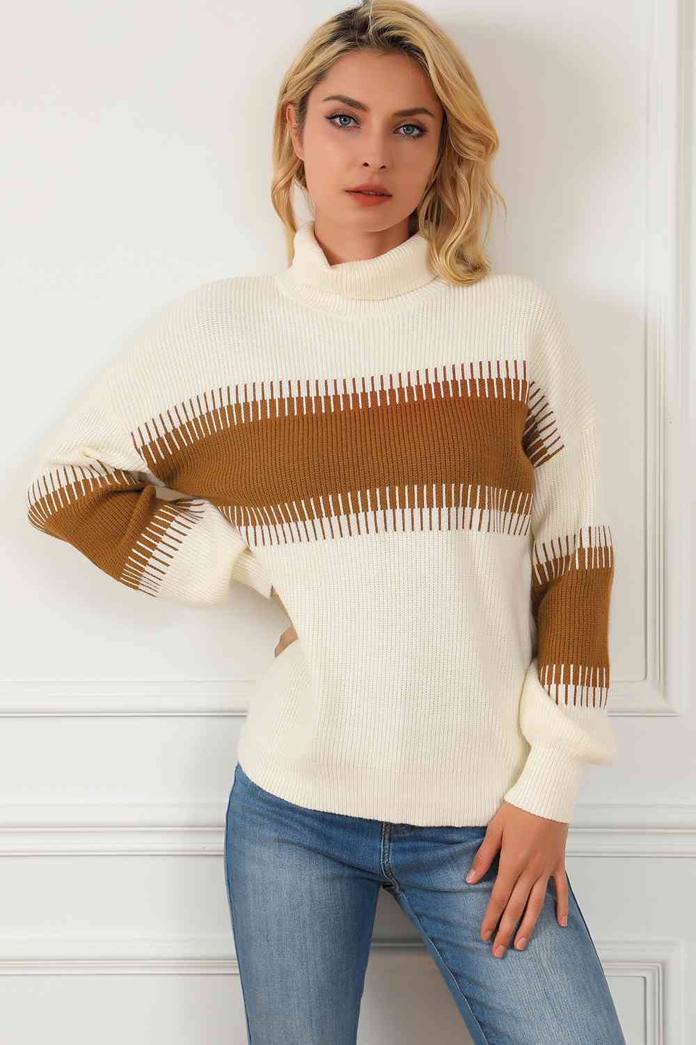 Contrast Turtleneck Long Sleeve Sweater - WAZKA