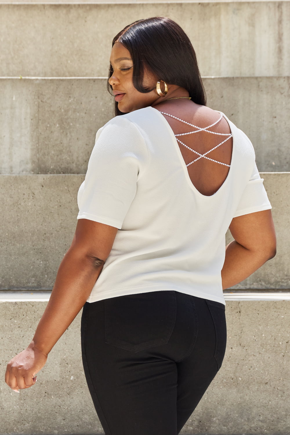 And The Why Pearly White Full Size Criss Cross Pearl Detail Open Back T-Shirt - WAZKA