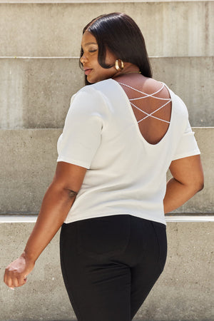 And The Why Pearly White Full Size Criss Cross Pearl Detail Open Back T-Shirt - WAZKA