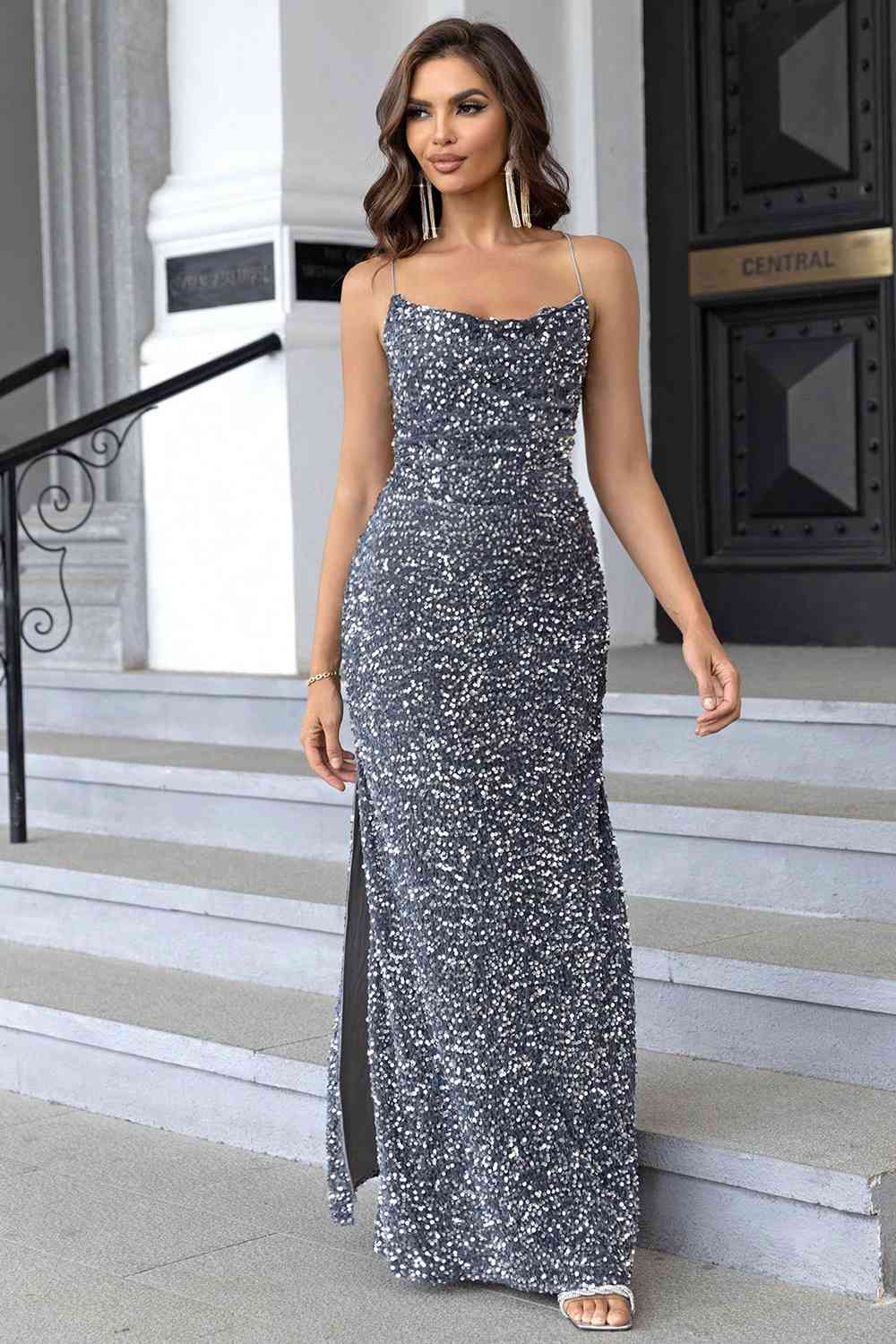 Sequin Backless Split Maxi Dress - WAZKA