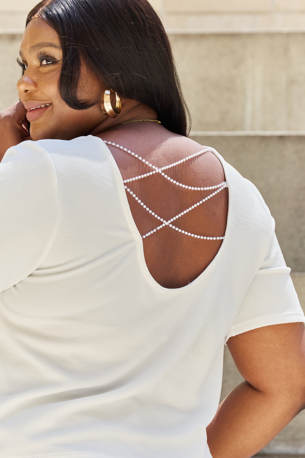 And The Why Pearly White Full Size Criss Cross Pearl Detail Open Back T-Shirt - WAZKA