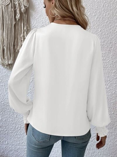 Surplice Smocked Lantern Sleeve Blouse - WAZKA