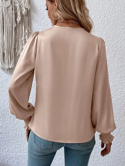Surplice Smocked Lantern Sleeve Blouse - WAZKA