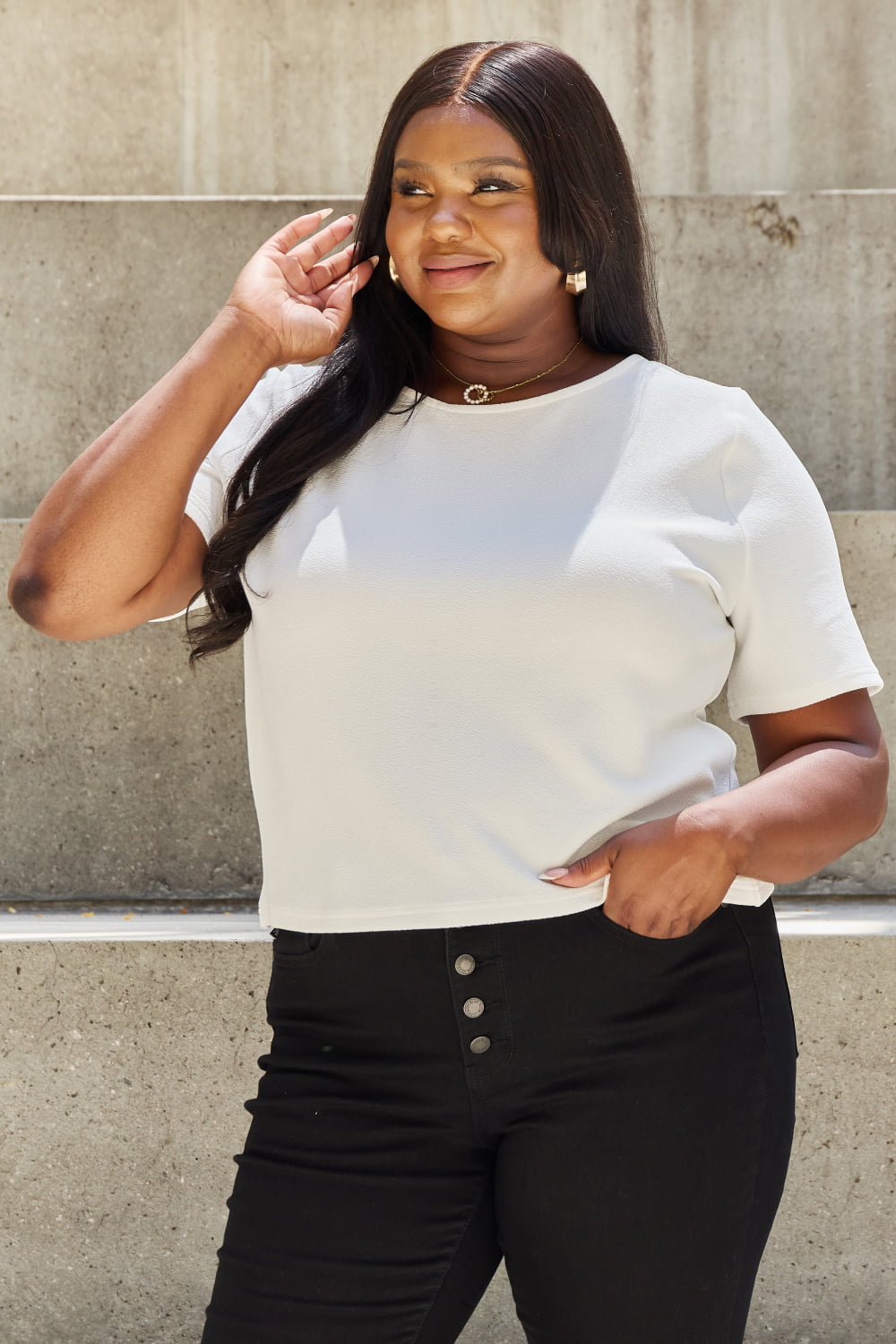 And The Why Pearly White Full Size Criss Cross Pearl Detail Open Back T-Shirt - WAZKA