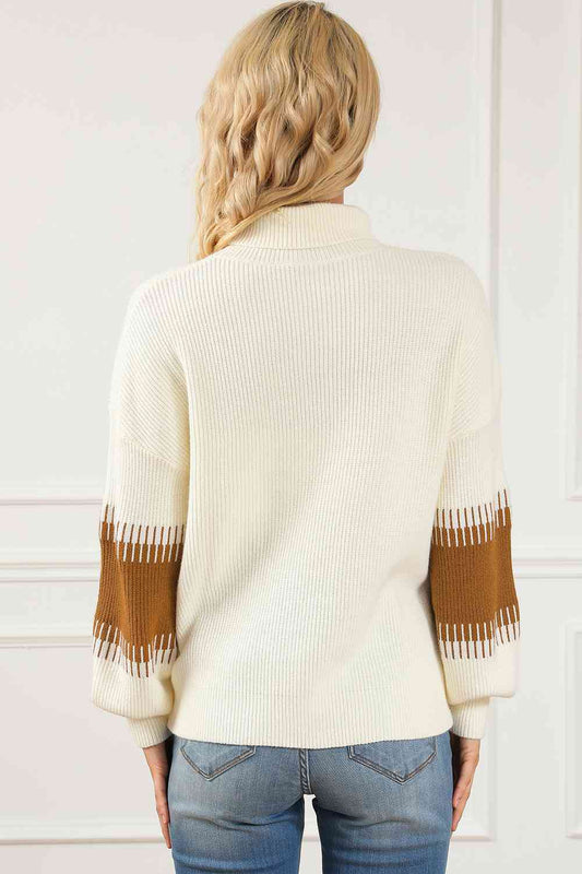 Contrast Turtleneck Long Sleeve Sweater - WAZKA
