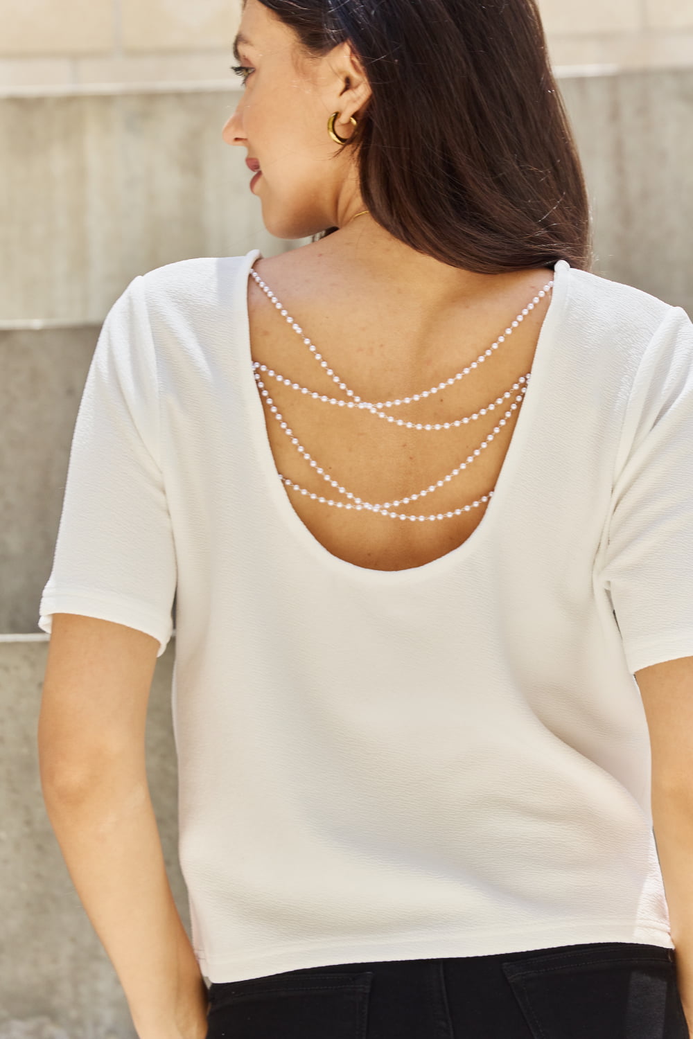 And The Why Pearly White Full Size Criss Cross Pearl Detail Open Back T-Shirt - WAZKA