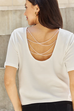 And The Why Pearly White Full Size Criss Cross Pearl Detail Open Back T-Shirt - WAZKA