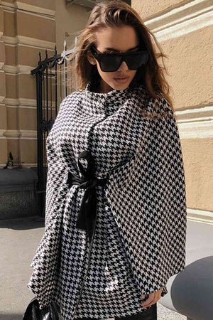 Houndstooth Tie Waist Trench Coat - WAZKA
