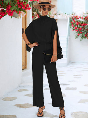 Tie Back Mock Neck Split Sleeve Jumpsuit - WAZKA