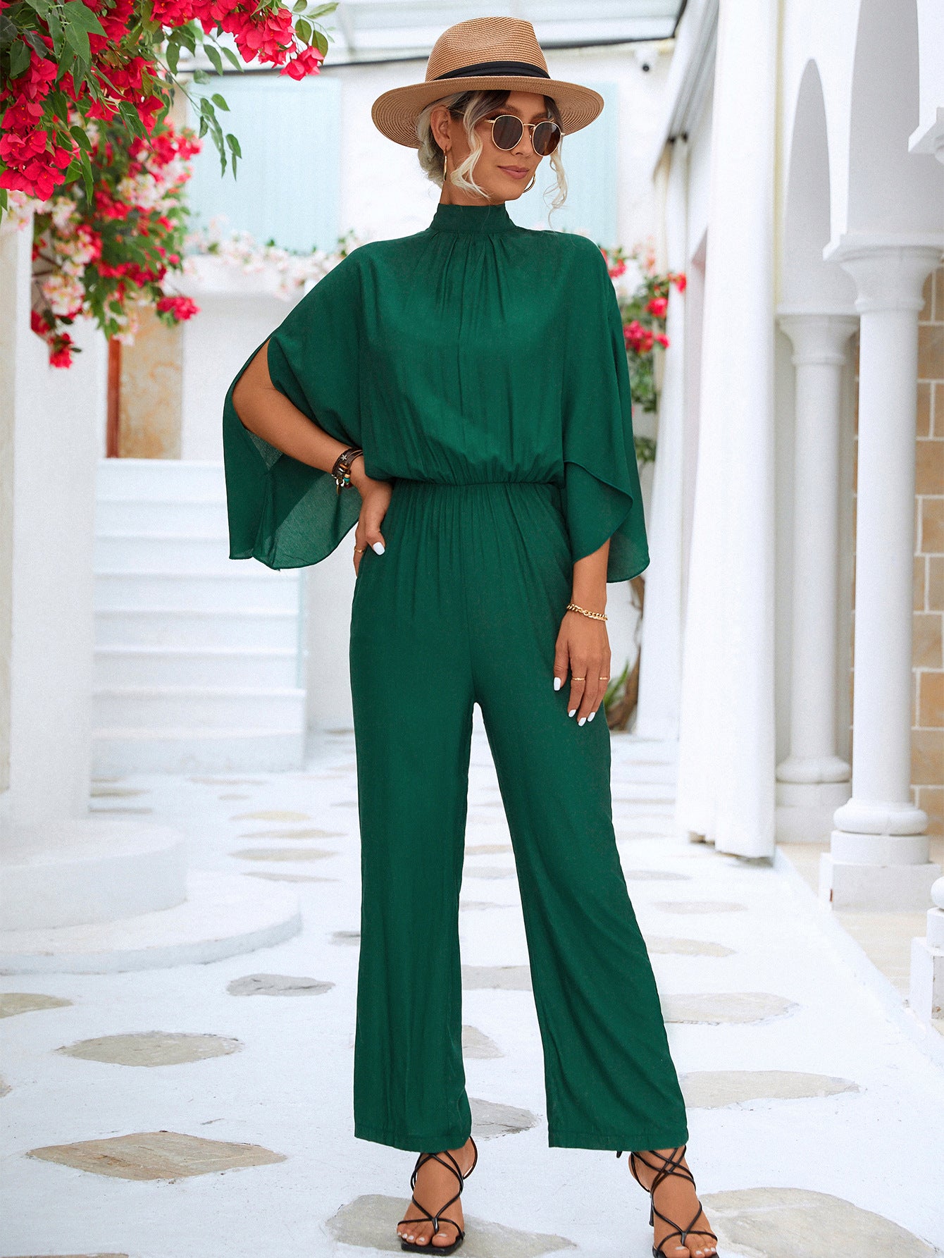 Tie Back Mock Neck Split Sleeve Jumpsuit - WAZKA