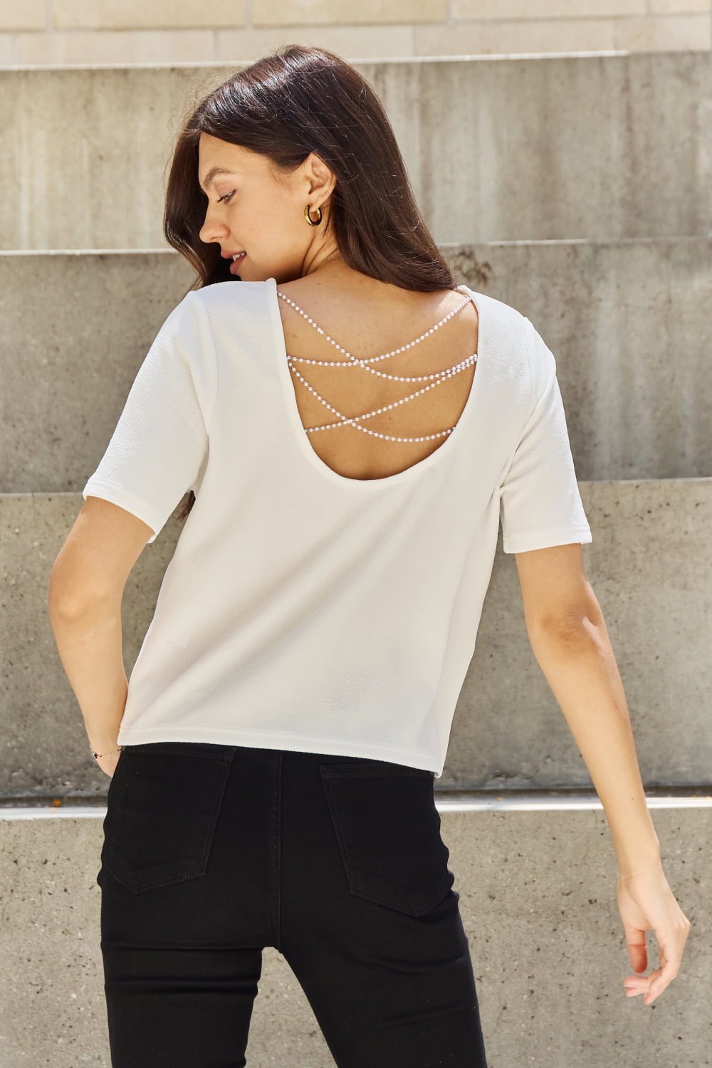 And The Why Pearly White Full Size Criss Cross Pearl Detail Open Back T-Shirt - WAZKA