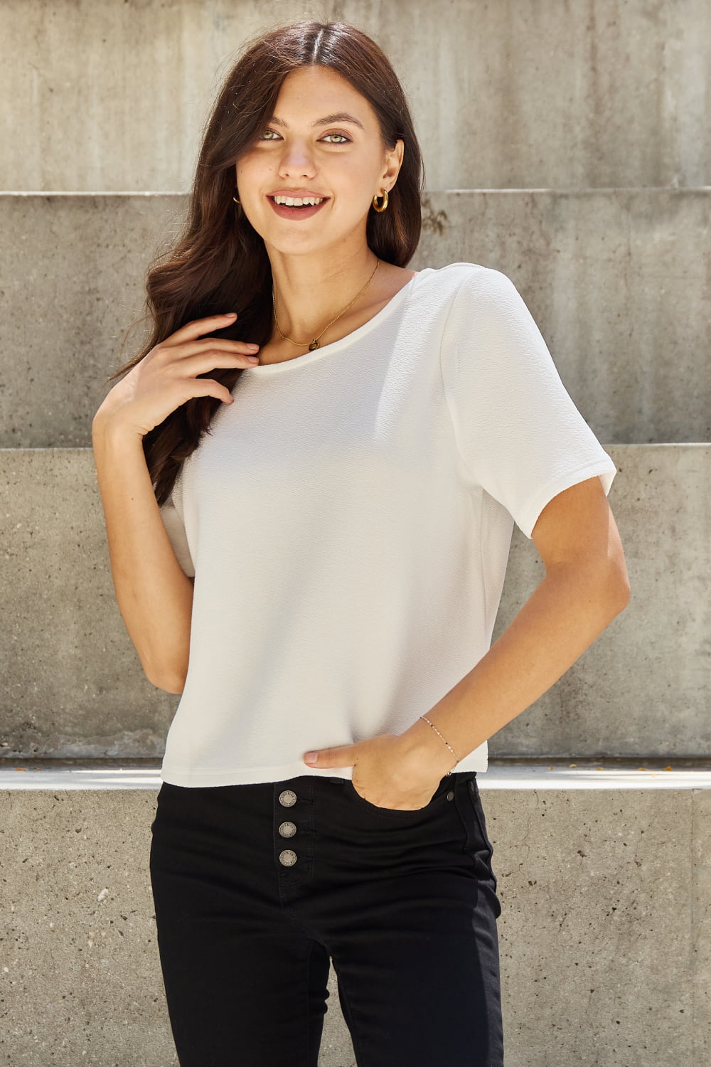 And The Why Pearly White Full Size Criss Cross Pearl Detail Open Back T-Shirt - WAZKA