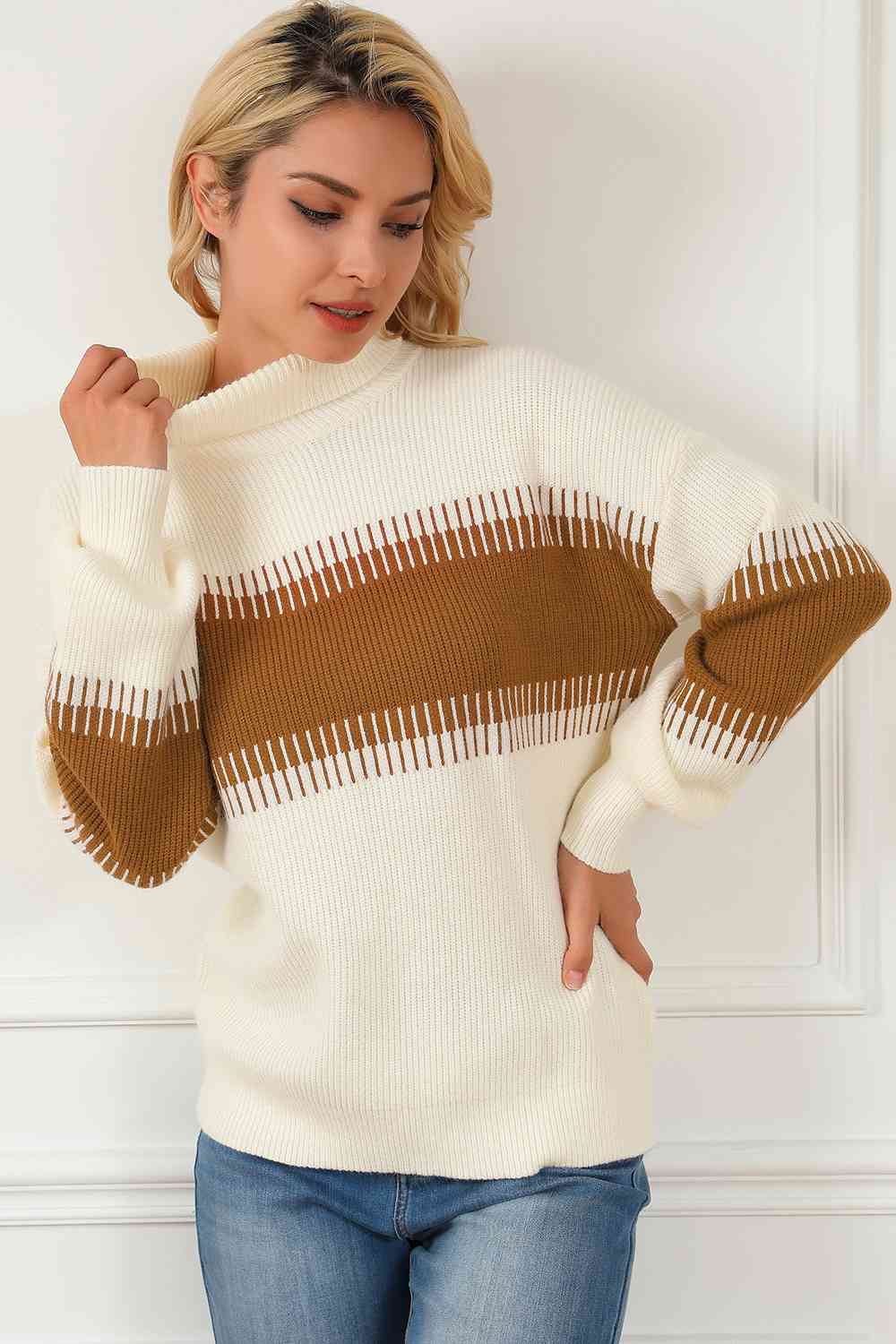 Contrast Turtleneck Long Sleeve Sweater - WAZKA