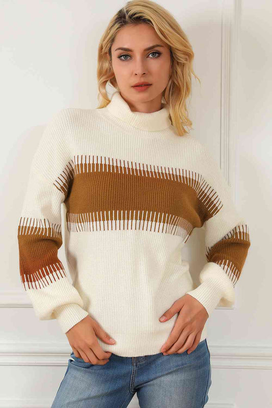 Contrast Turtleneck Long Sleeve Sweater - WAZKA