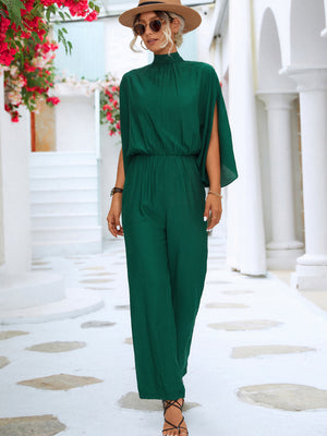 Tie Back Mock Neck Split Sleeve Jumpsuit - WAZKA